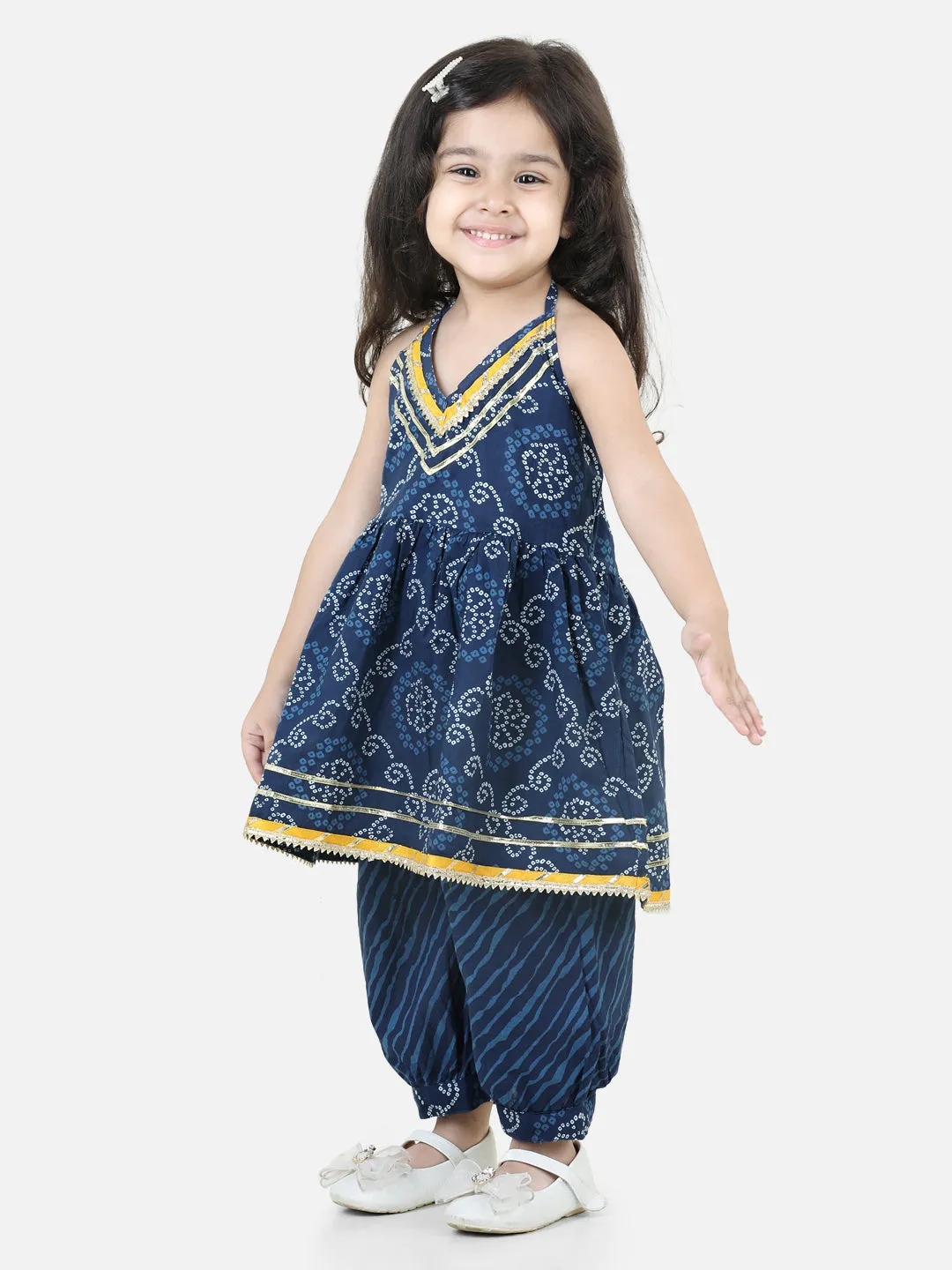 Halter Neck Pure Cotton Kurti with Harem for Girls- Blue