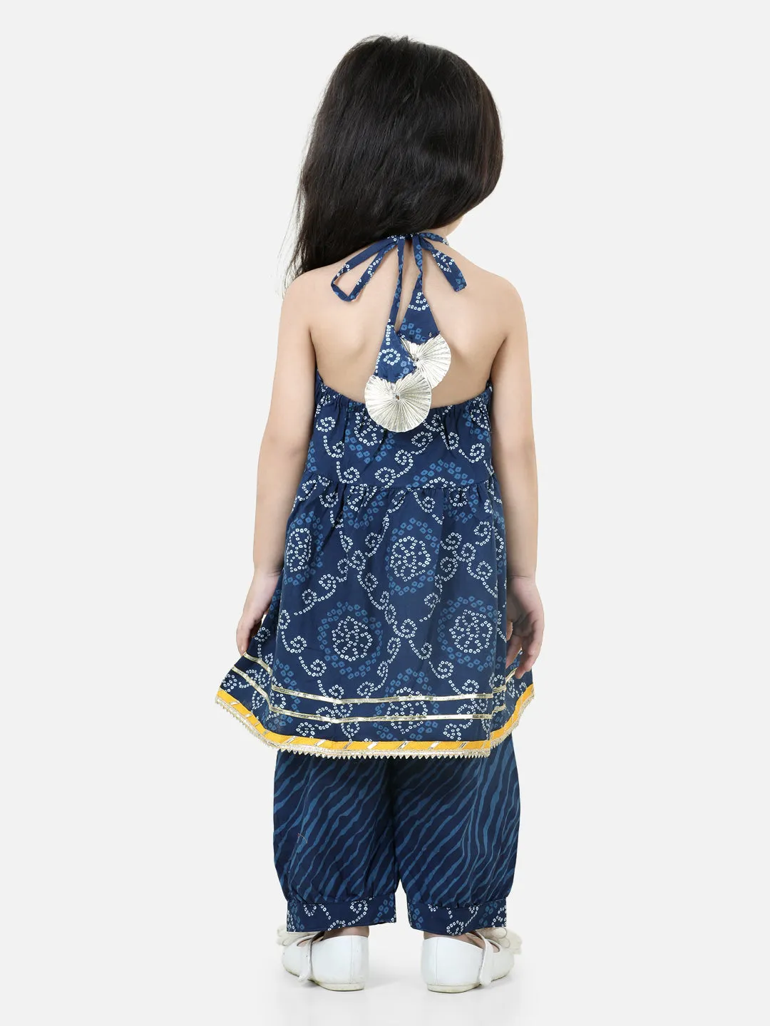 Halter Neck Pure Cotton Kurti with Harem for Girls- Blue