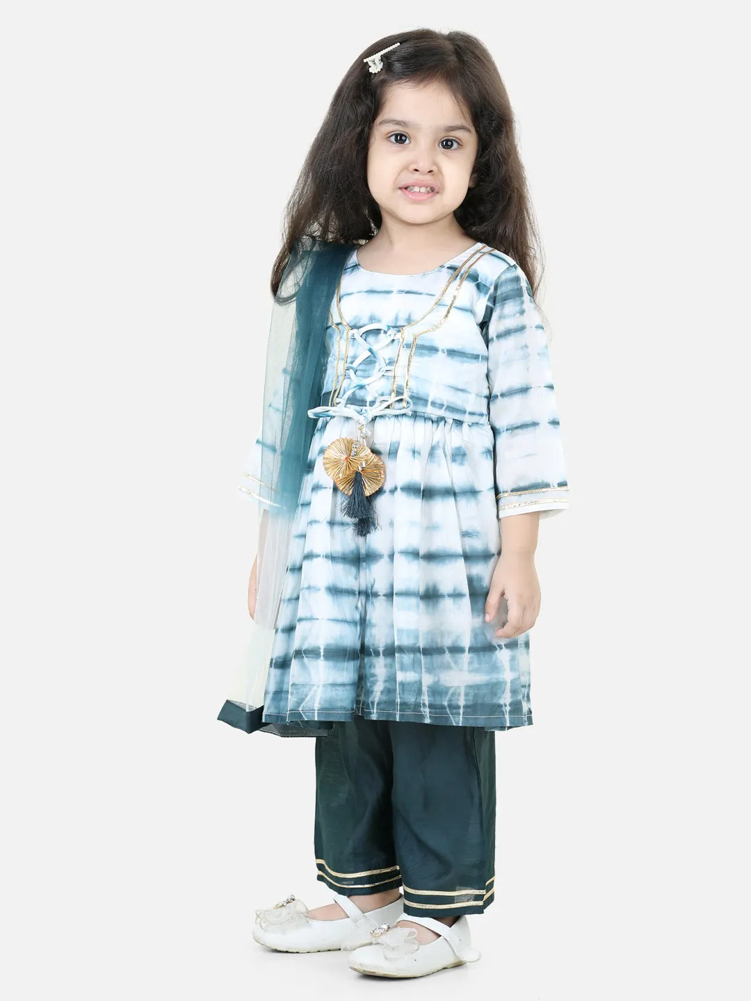 Hand Dyed Chanderi Silk Kurti Pant with Dupatta for Girls- Blue