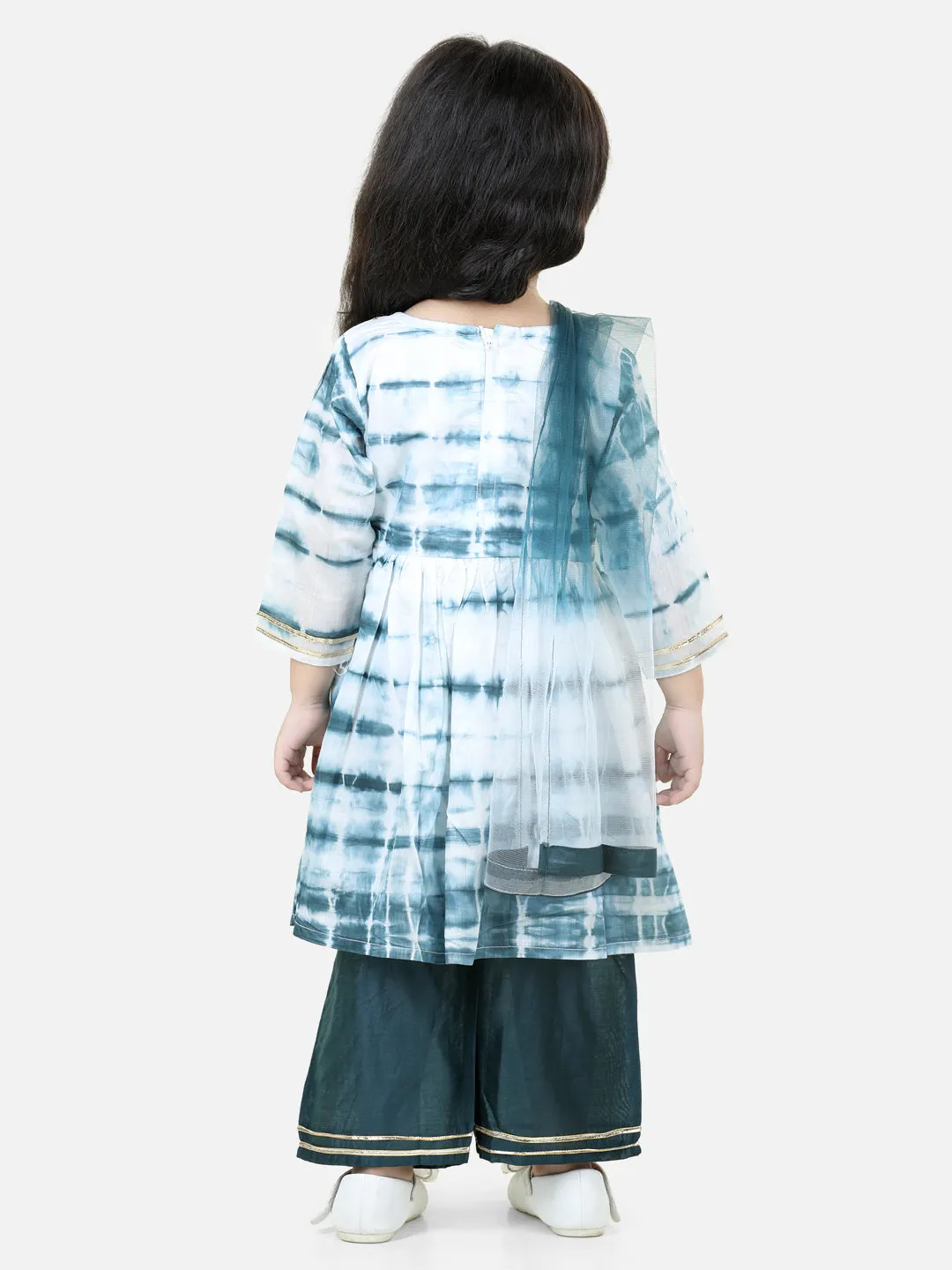 Hand Dyed Chanderi Silk Kurti Pant with Dupatta for Girls- Blue