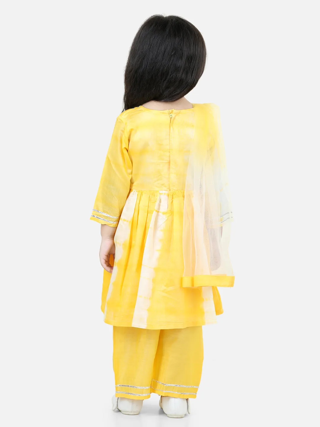 Hand Dyed Chanderi Silk Kurti Pant with Dupatta for Girls- Yellow