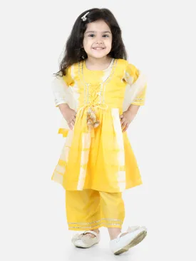 Hand Dyed Chanderi Silk Kurti Pant with Dupatta for Girls- Yellow