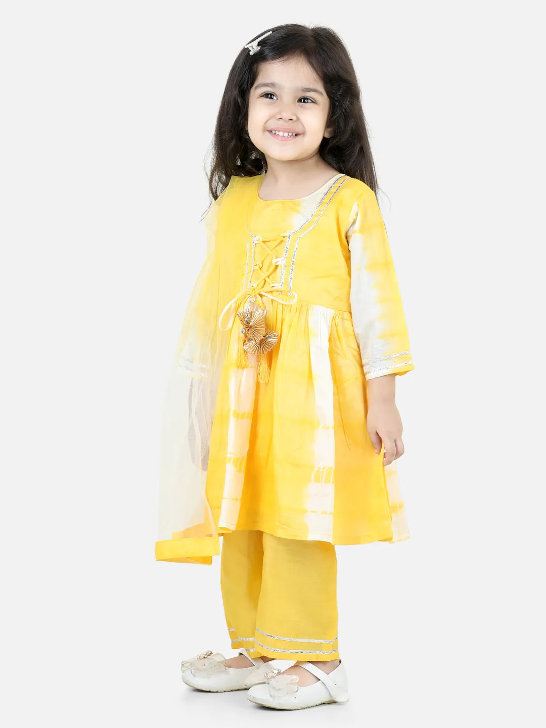 Hand Dyed Chanderi Silk Kurti Pant with Dupatta for Girls- Yellow