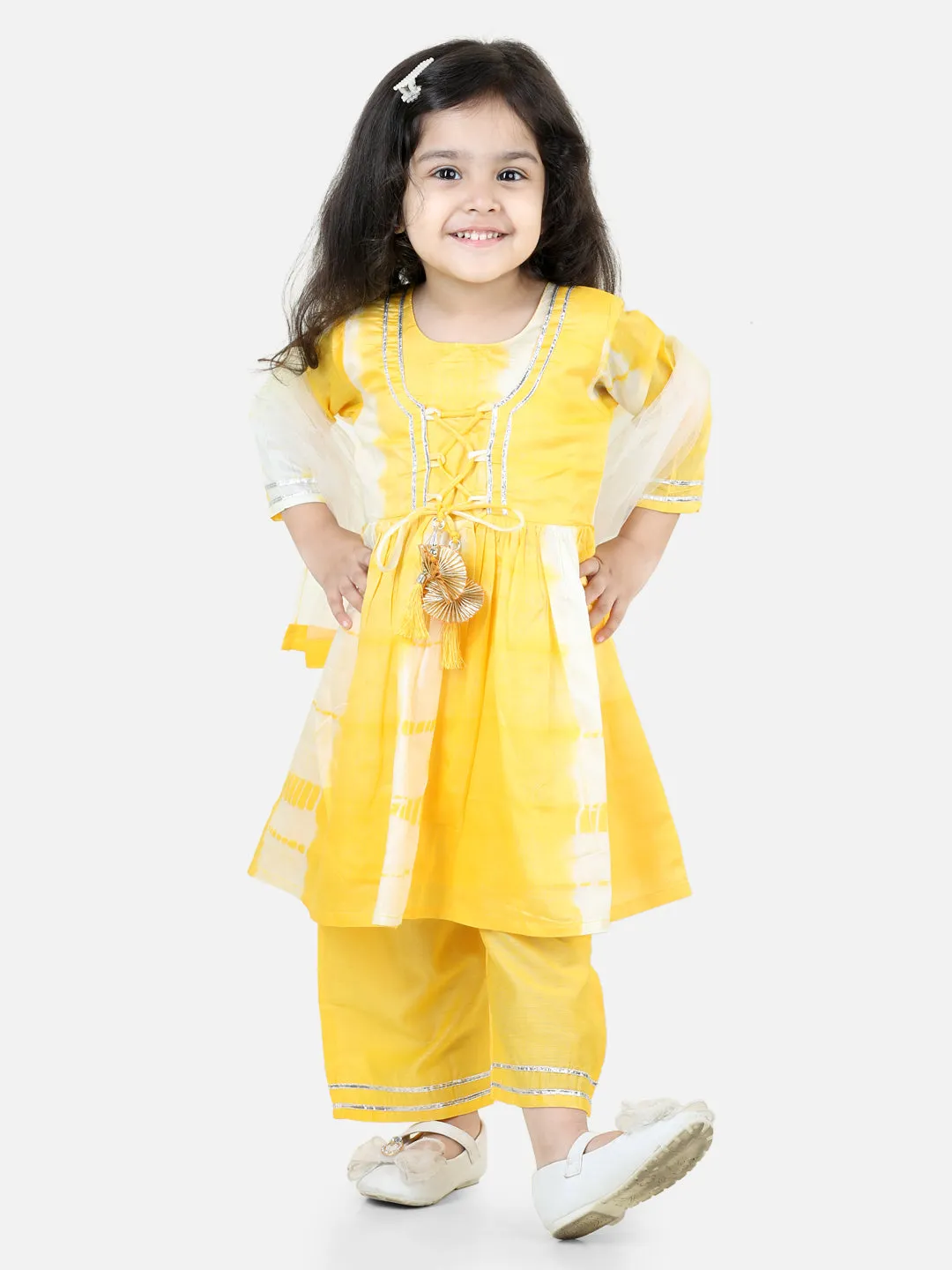 Hand Dyed Chanderi Silk Kurti Pant with Dupatta for Girls- Yellow