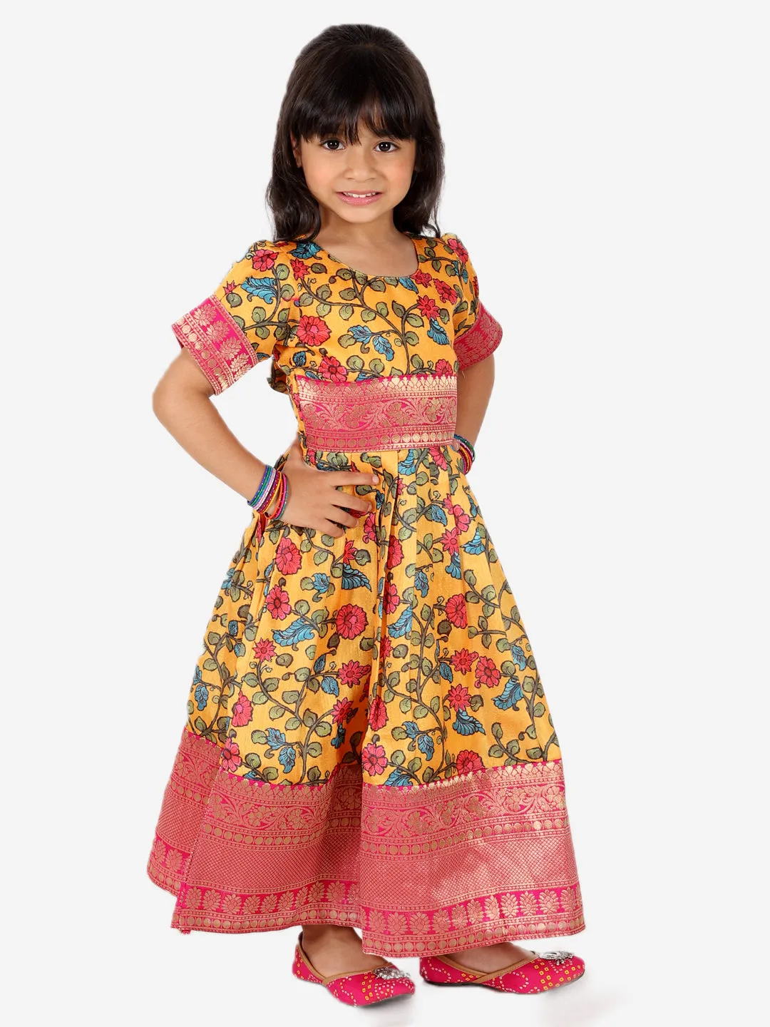 Kalamkari Print Ethnic Party wear long Dress Gown for Girls- Yellow