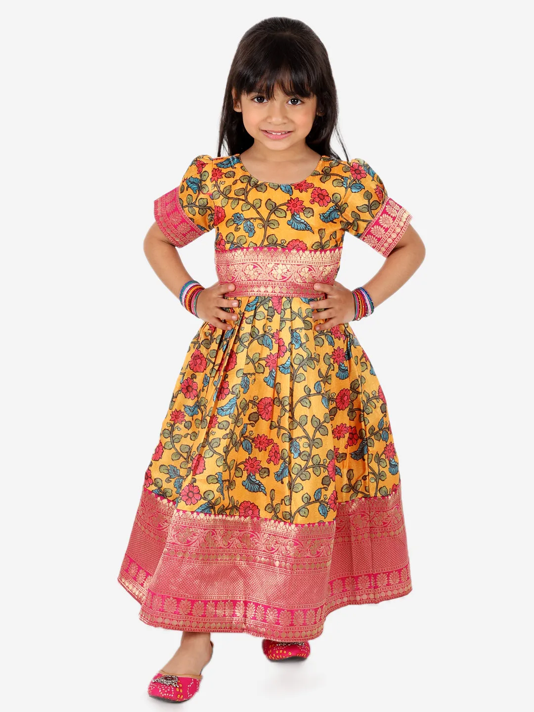 Kalamkari Print Ethnic Party wear long Dress Gown for Girls- Yellow