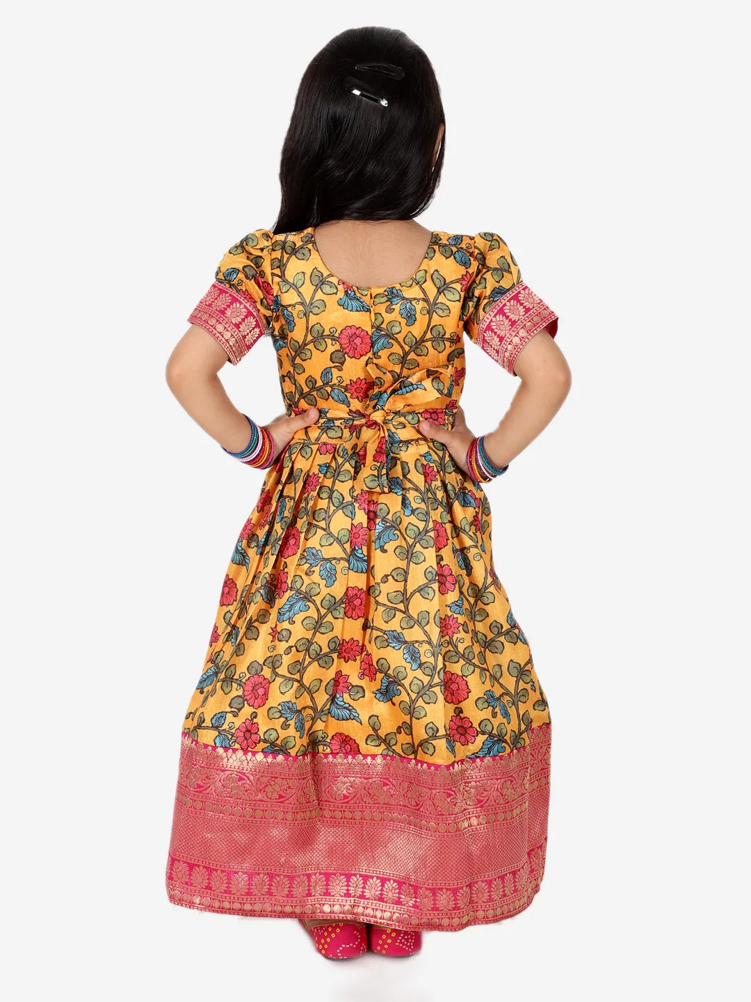 Kalamkari Print Ethnic Party wear long Dress Gown for Girls- Yellow