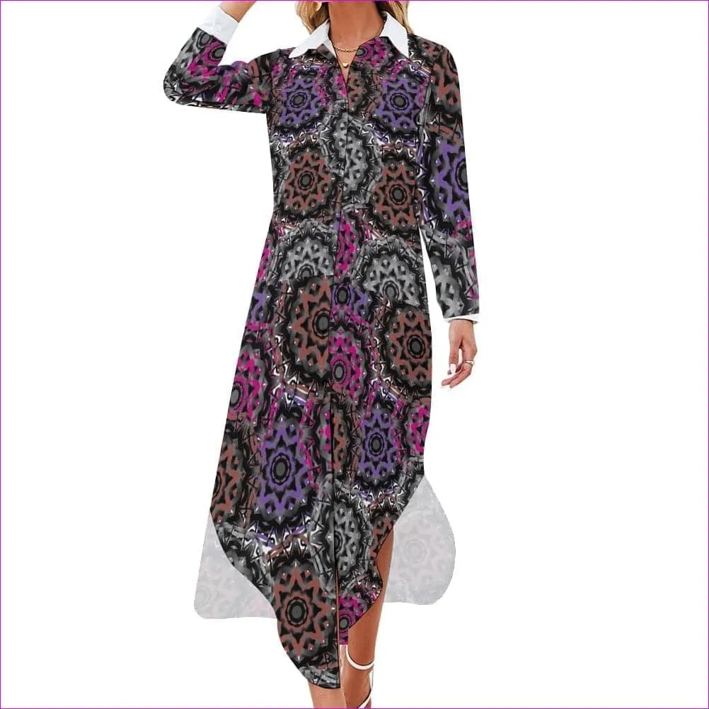 Mandala Graffiti Button Neck Long Sleeve Shirt Dress