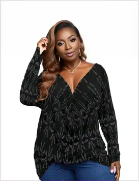 Mandala Womens V-neck Plus Draped Longline Top With Long Sleeve Voluptuous ( ) Plus Size