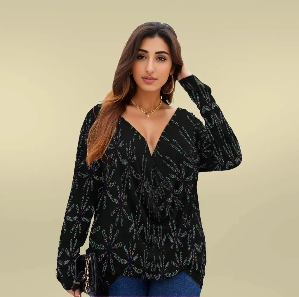 Mandala Womens V-neck Plus Draped Longline Top With Long Sleeve Voluptuous ( ) Plus Size