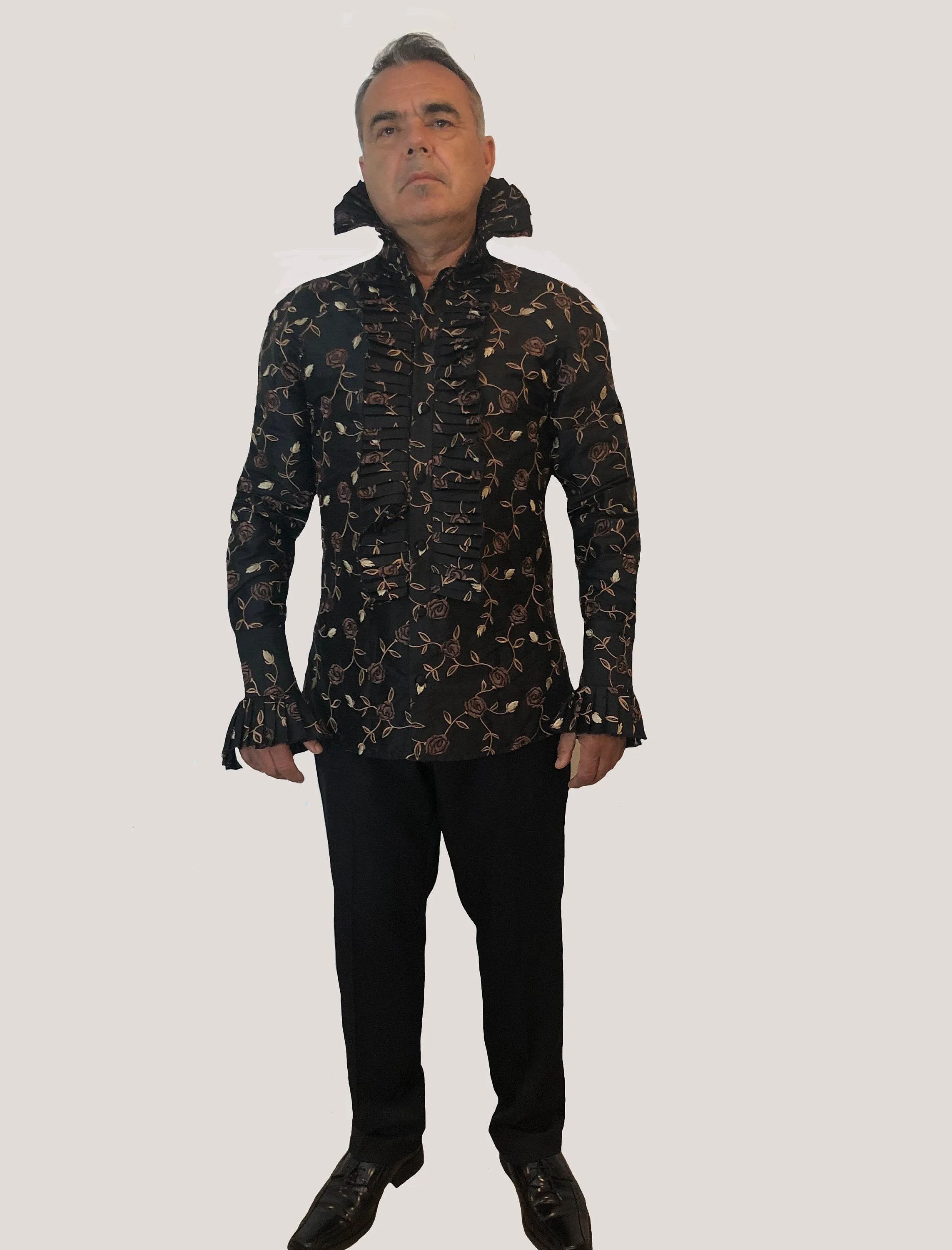 Men's Ruffle-Trimed Embroidery Silk Shirt