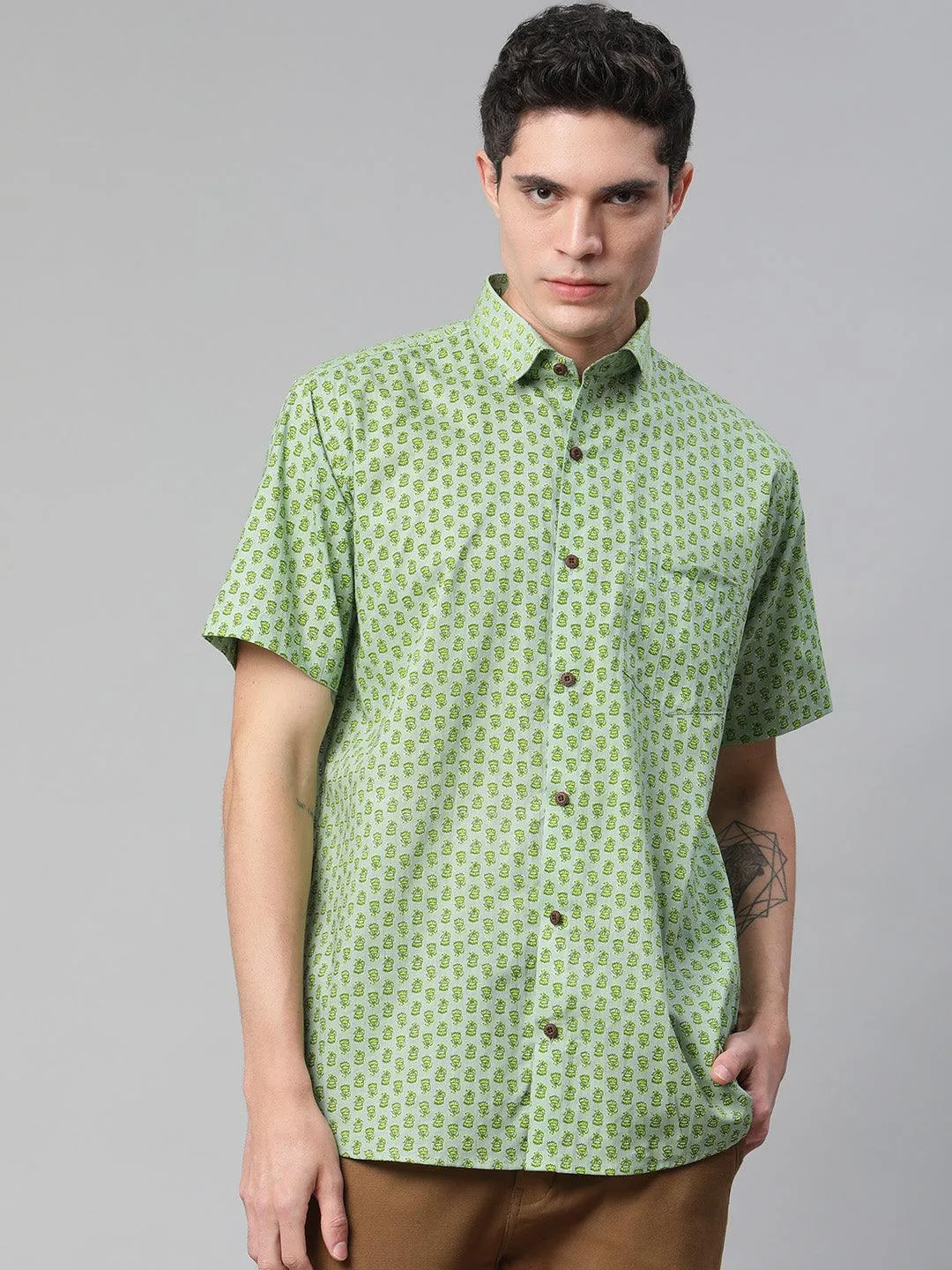 Millennial Men Light Green  & Parrot Green Cotton  Half Sleeve Shirt For Men-Mmh0188