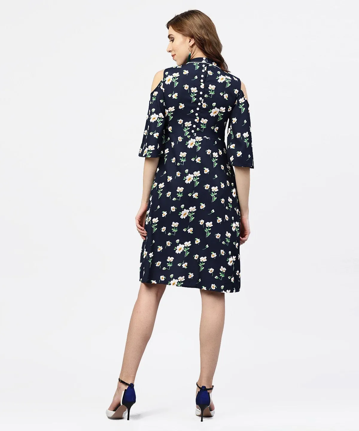 Navy Blue Printed Dress With Round Neck And Cold Shoulders Sleeves