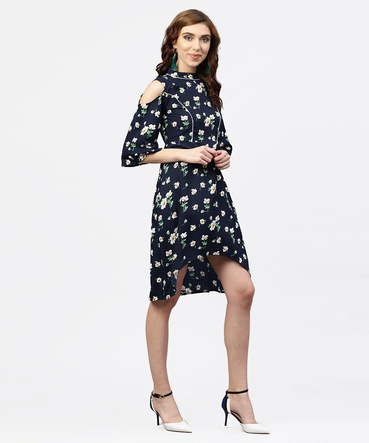 Navy Blue Printed Dress With Round Neck And Cold Shoulders Sleeves