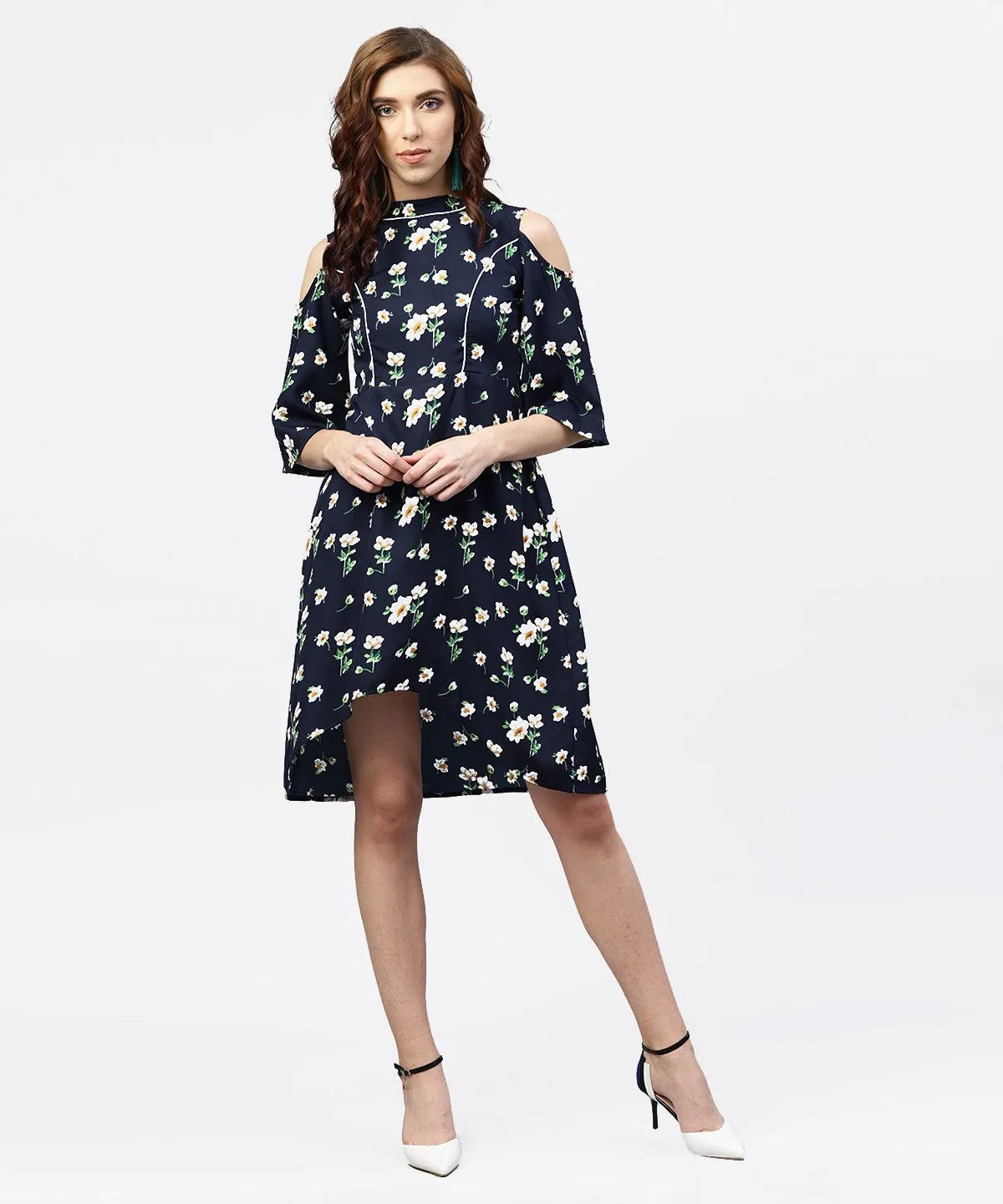 Navy Blue Printed Dress With Round Neck And Cold Shoulders Sleeves