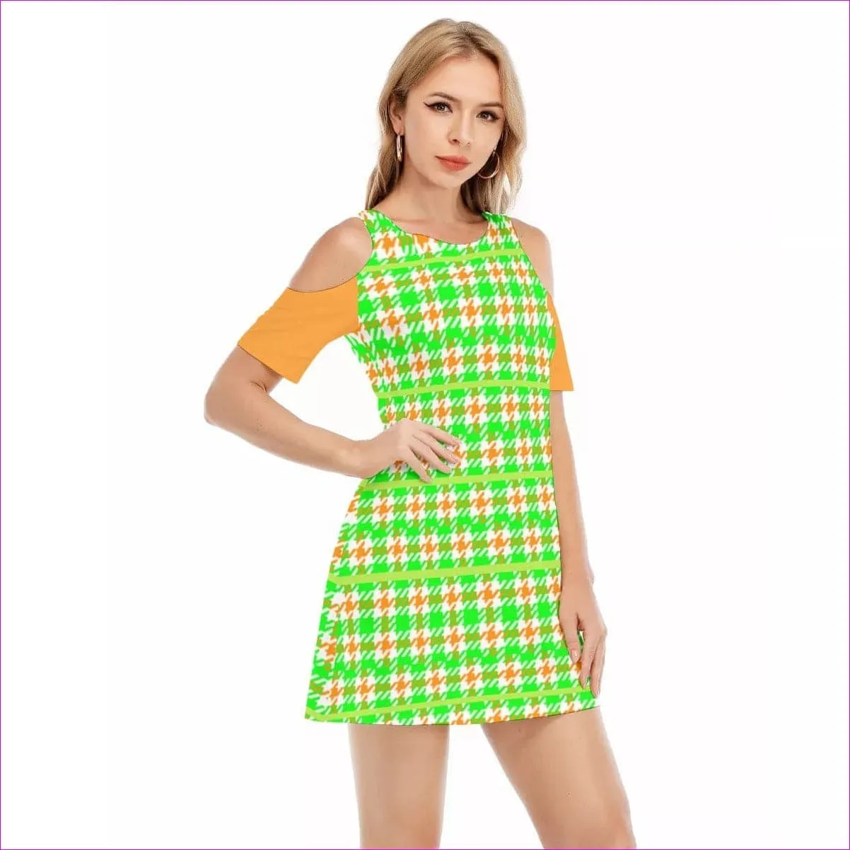 Neon Houndstooth Teen's Cold Shoulder Dress | 100% Cotton