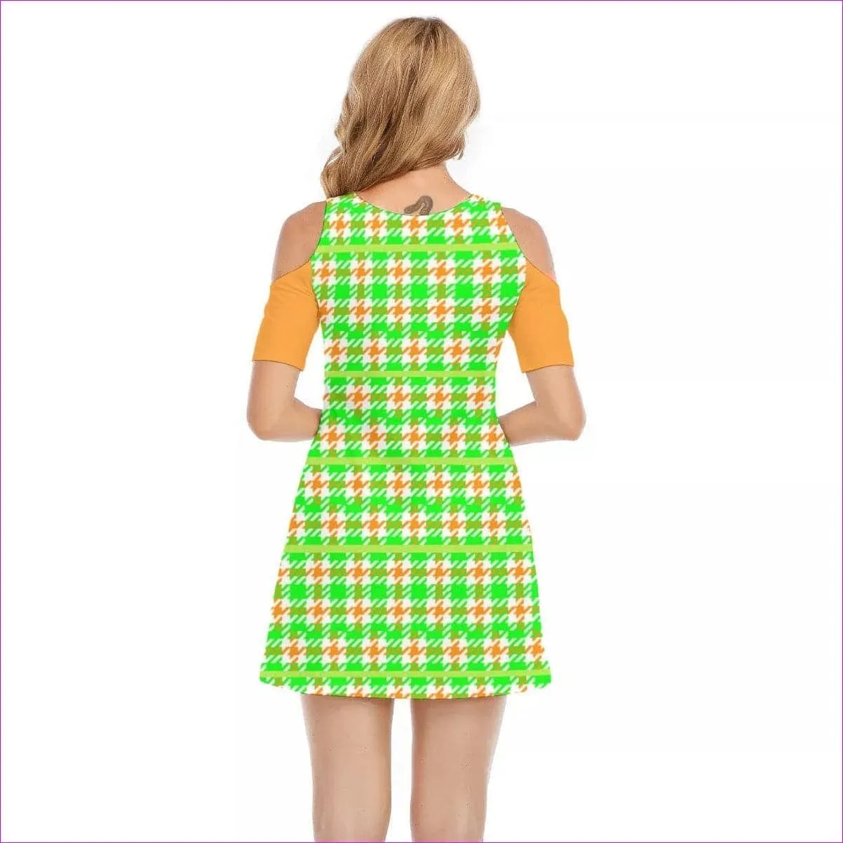 Neon Houndstooth Teen's Cold Shoulder Dress | 100% Cotton