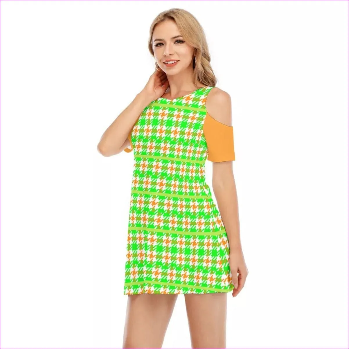 Neon Houndstooth Teen's Cold Shoulder Dress | 100% Cotton