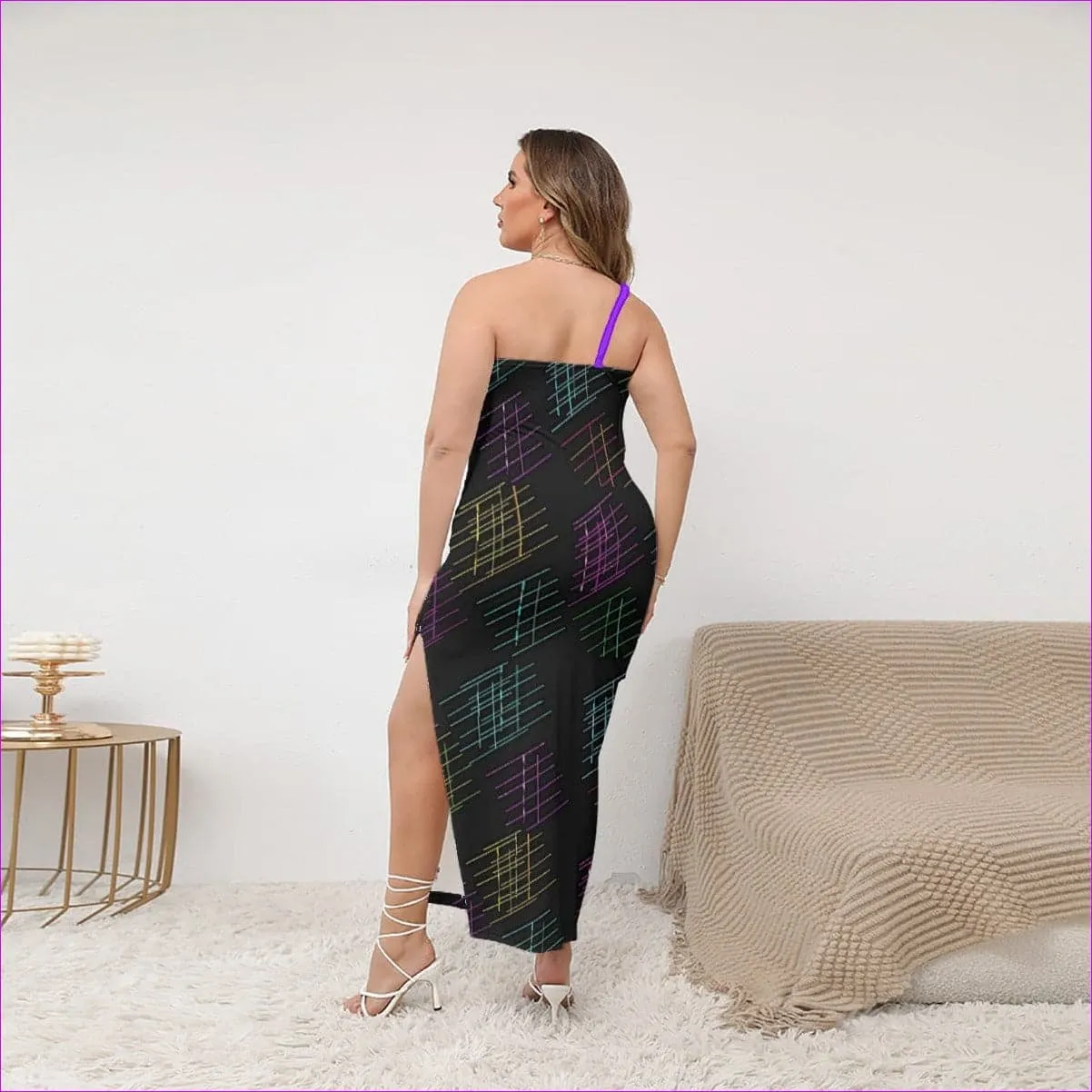 Neon Lines Womens Oblique-Shoulder Exposure Dress With Side Split Voluptuous (Plus Size)