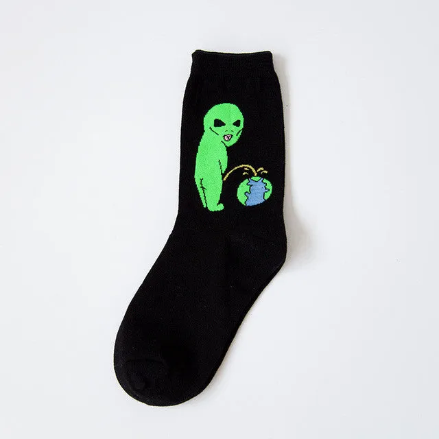 New Mid Crew Socks Lord Normal Alien Cat ET Pop-Up Spaced WE OUT HERE Skater come in peace Men Road Trip 34-43