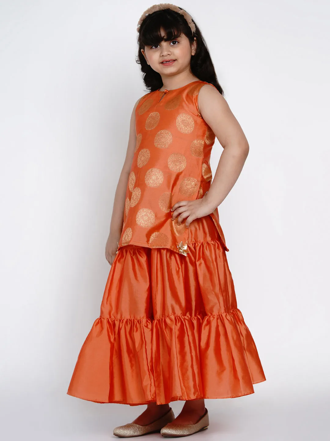 Orange Round Neck Kurta With Sharara