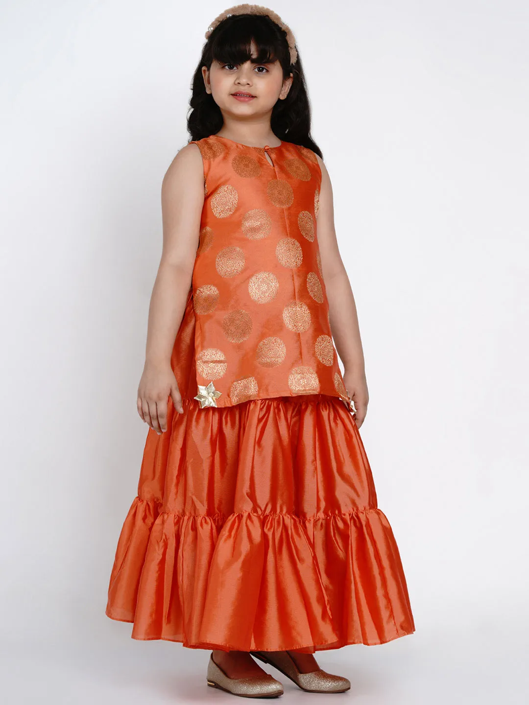 Orange Round Neck Kurta With Sharara