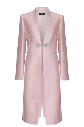 Pale Pink Dress Coat in Silk Brocade with Cord Trim and Frogging - Vicky (Longer Length)