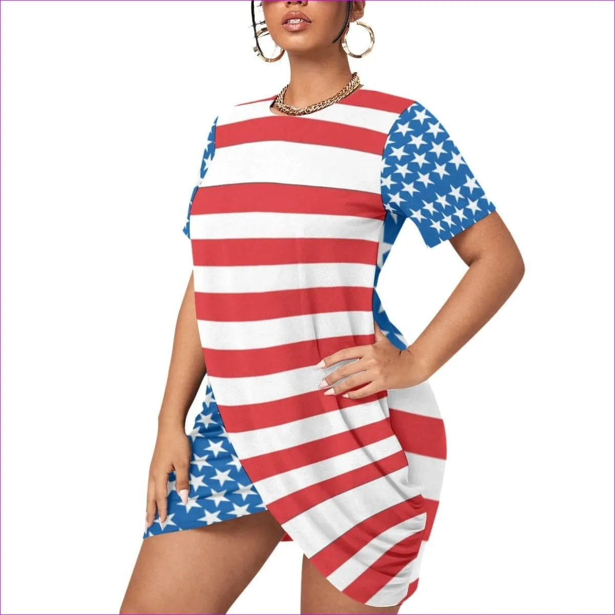 Patriotic Women’s Stacked Hem Dress With Short Sleeve Voluptuous ( ) Plus Size