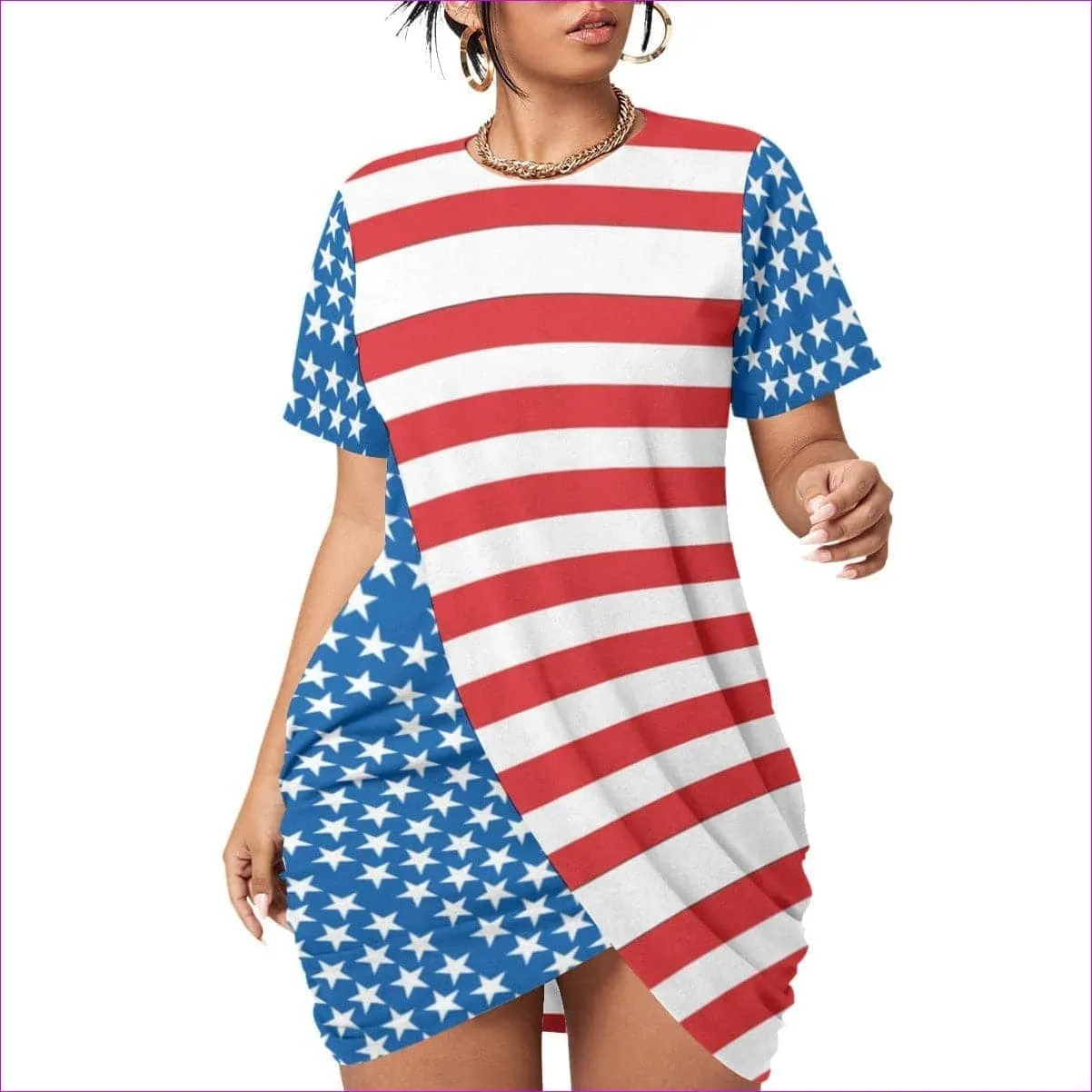 Patriotic Women’s Stacked Hem Dress With Short Sleeve Voluptuous ( ) Plus Size