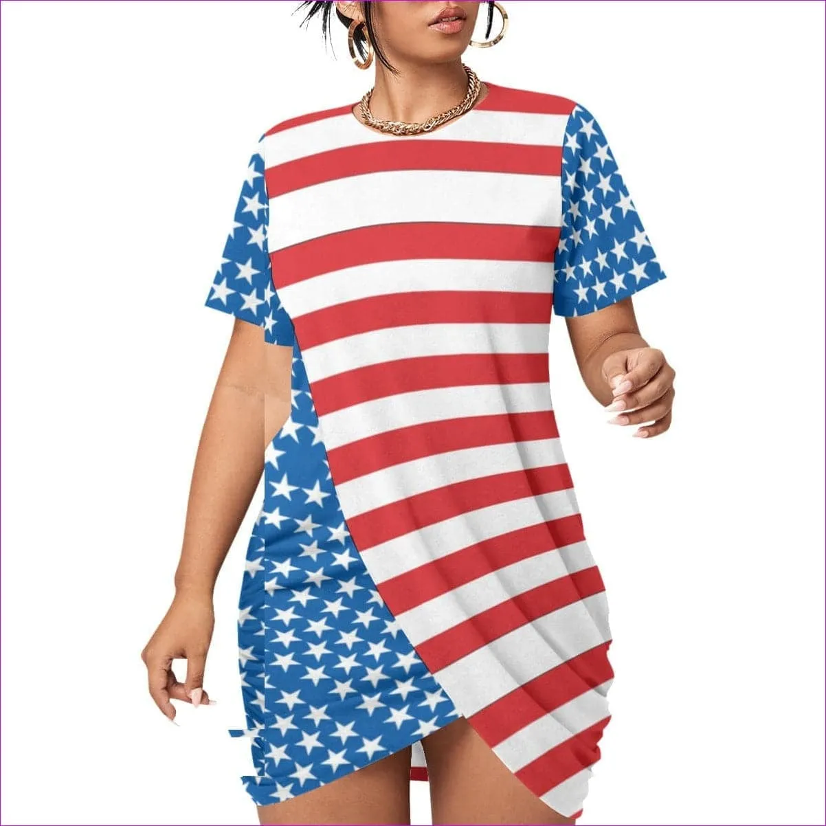 Patriotic Women’s Stacked Hem Dress With Short Sleeve Voluptuous ( ) Plus Size