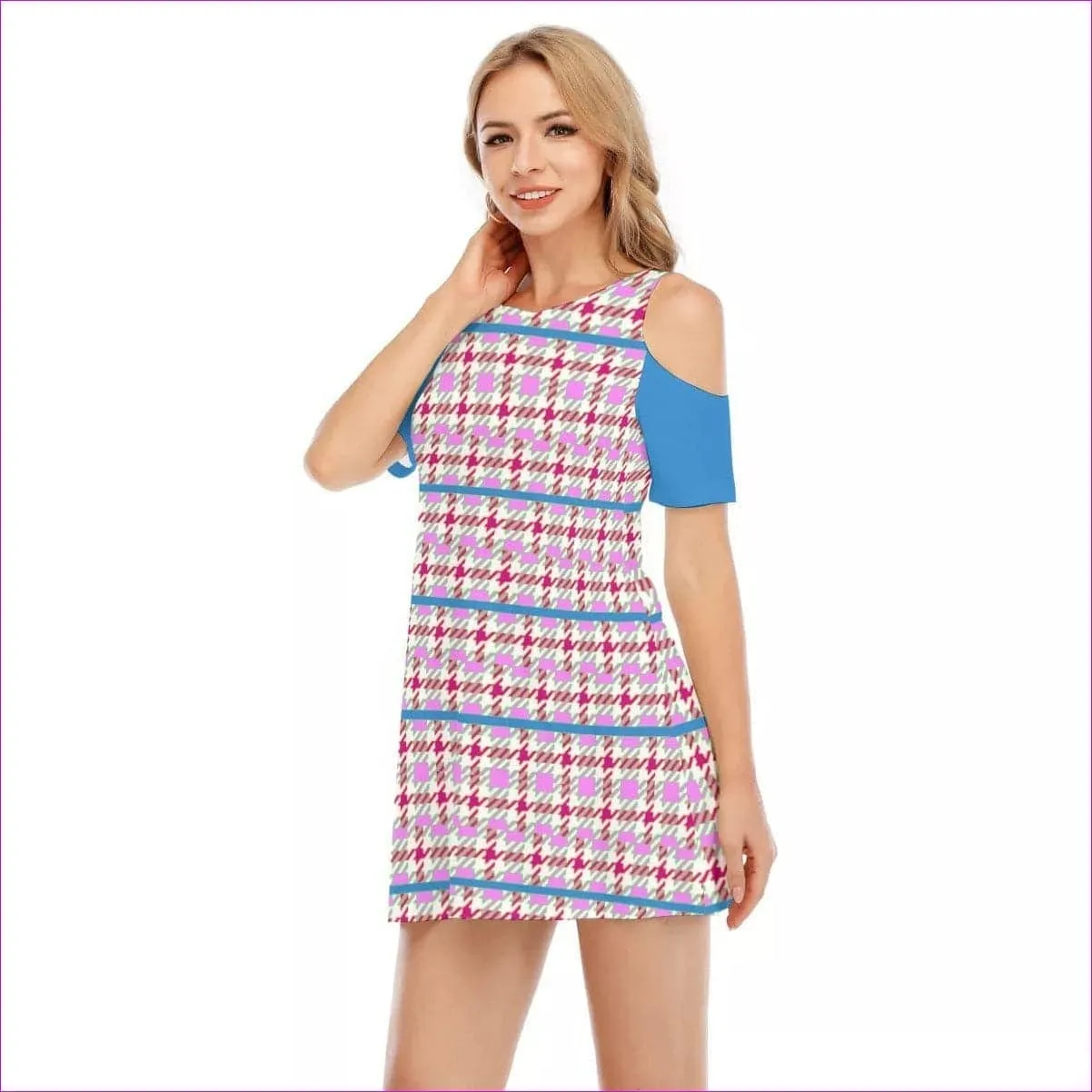 Pink Houndstooth Teen's Cold Shoulder Dress | 100% Cotton