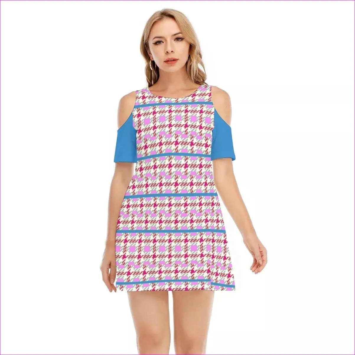 Pink Houndstooth Teen's Cold Shoulder Dress | 100% Cotton