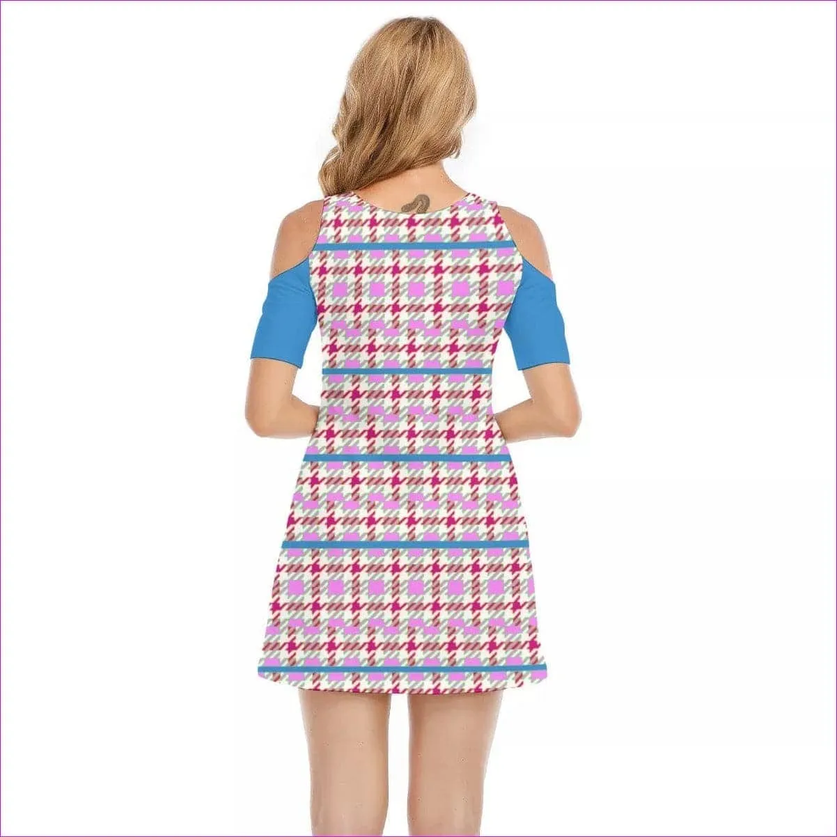 Pink Houndstooth Teen's Cold Shoulder Dress | 100% Cotton