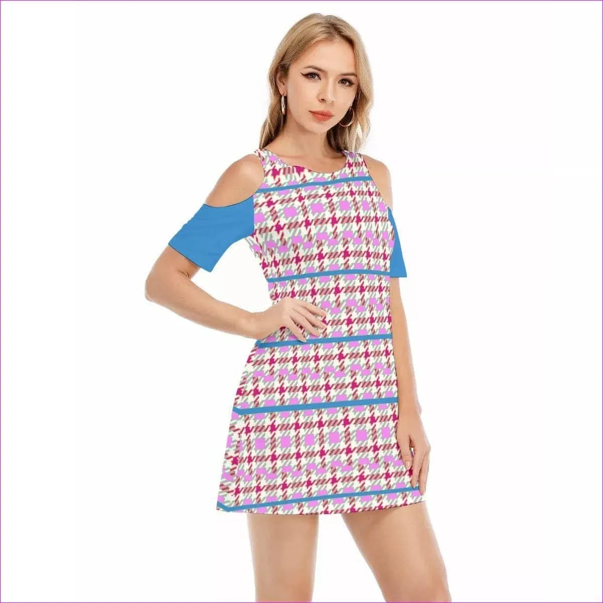 Pink Houndstooth Teen's Cold Shoulder Dress | 100% Cotton