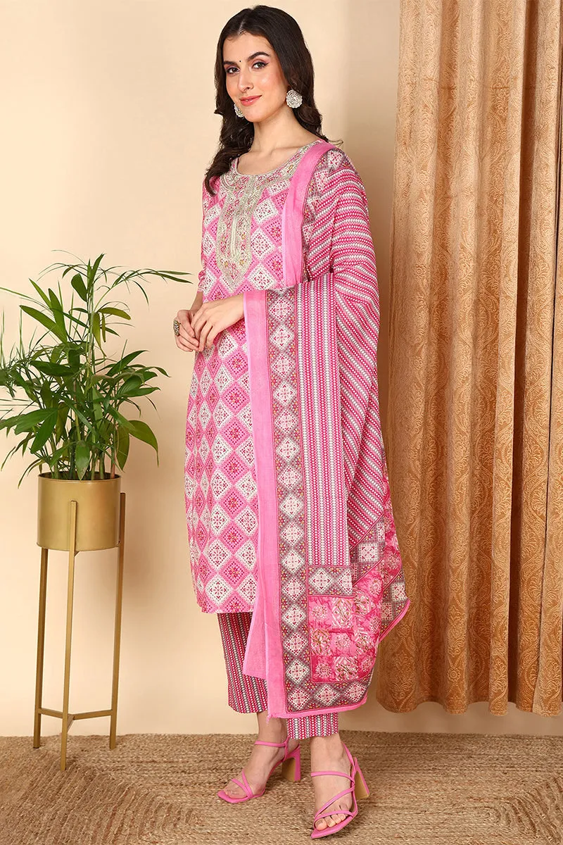 Pink Pure Cotton Geometric Printed Yoke Design Suit Set