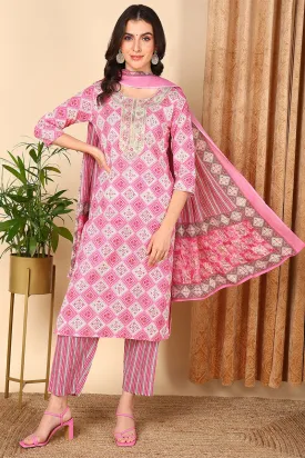 Pink Pure Cotton Geometric Printed Yoke Design Suit Set