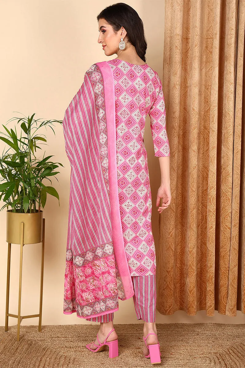 Pink Pure Cotton Geometric Printed Yoke Design Suit Set