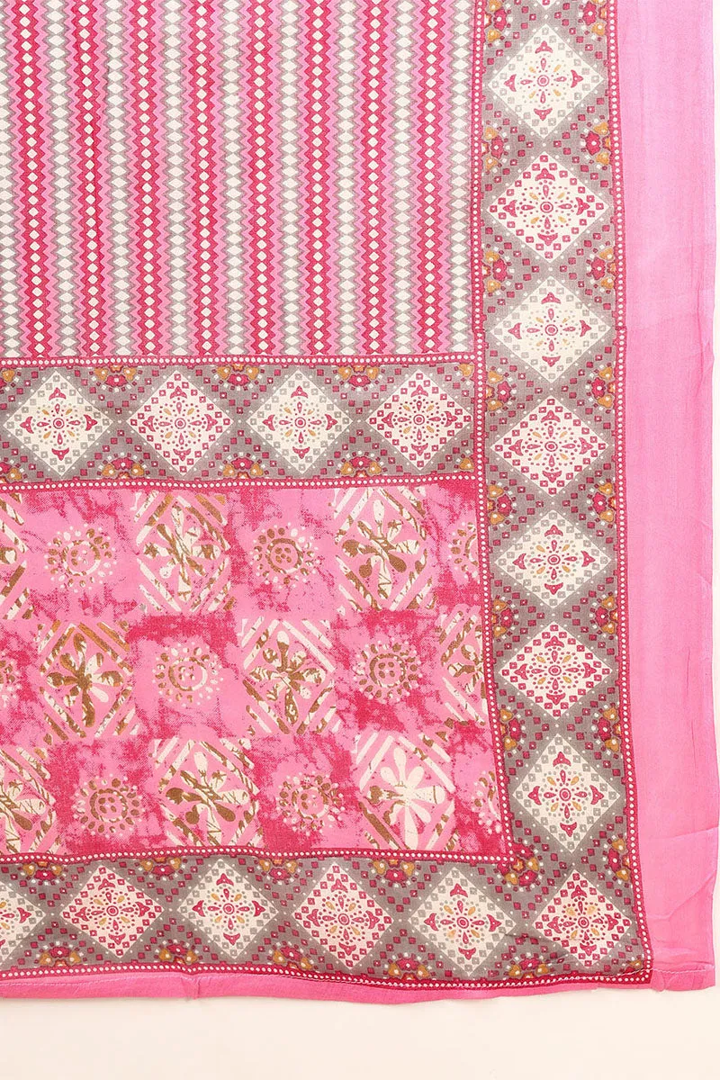 Pink Pure Cotton Geometric Printed Yoke Design Suit Set