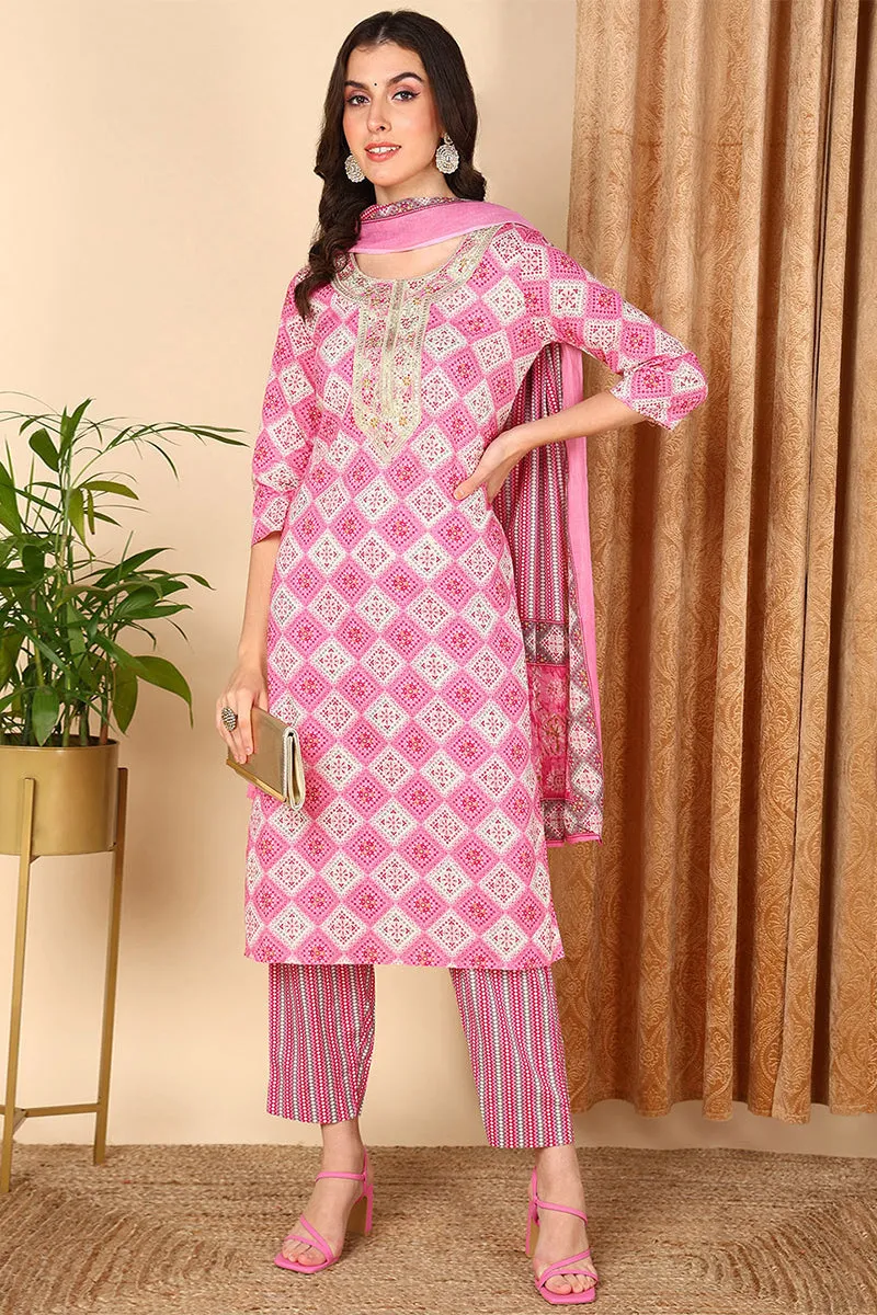 Pink Pure Cotton Geometric Printed Yoke Design Suit Set