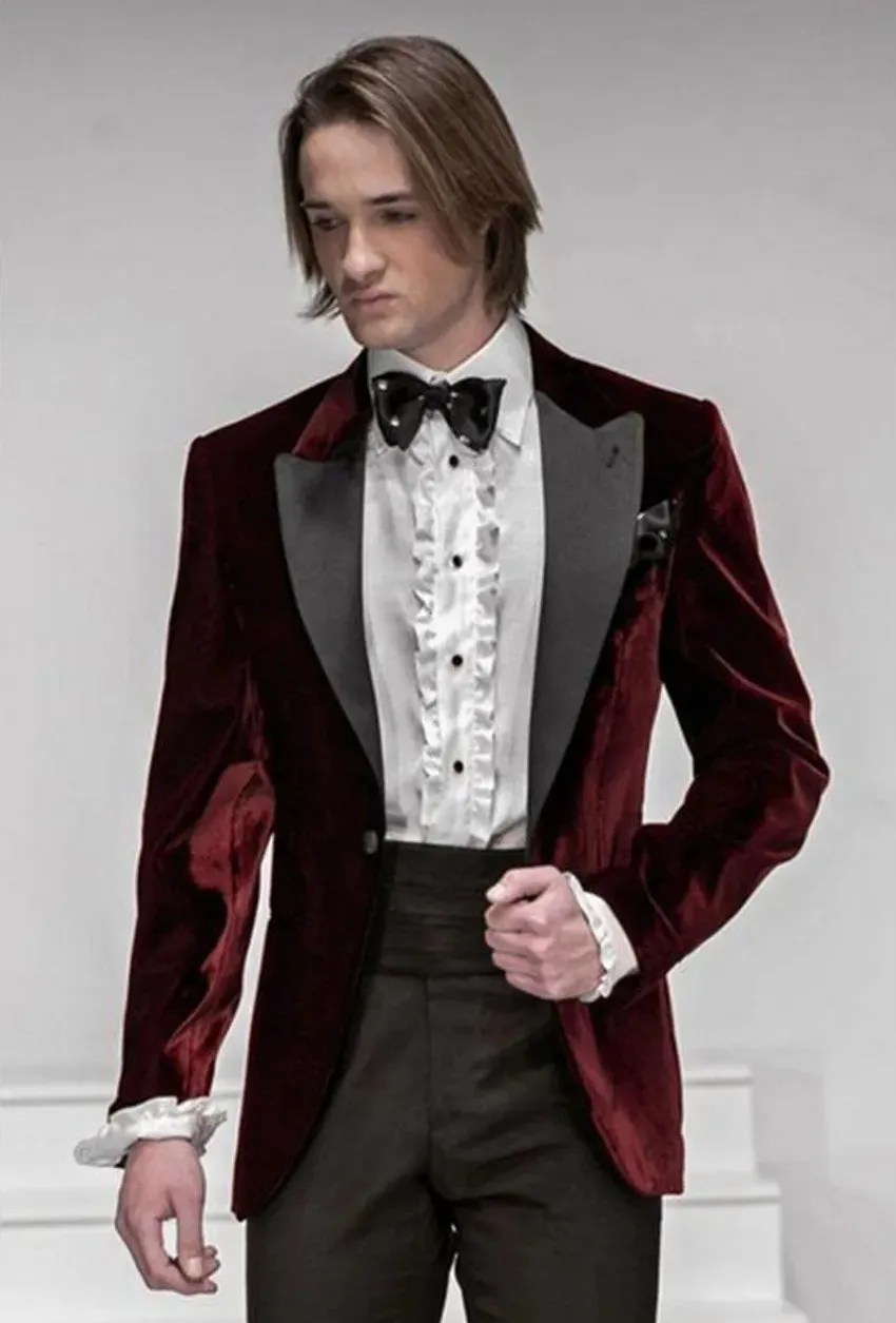 Popular Velvet Groom Tuxedos Shawl Lapel Groomsmen Wedding Dress Autumn Winter Style Men Formal Party Prom Suit(Jacket Pants Tie) 891