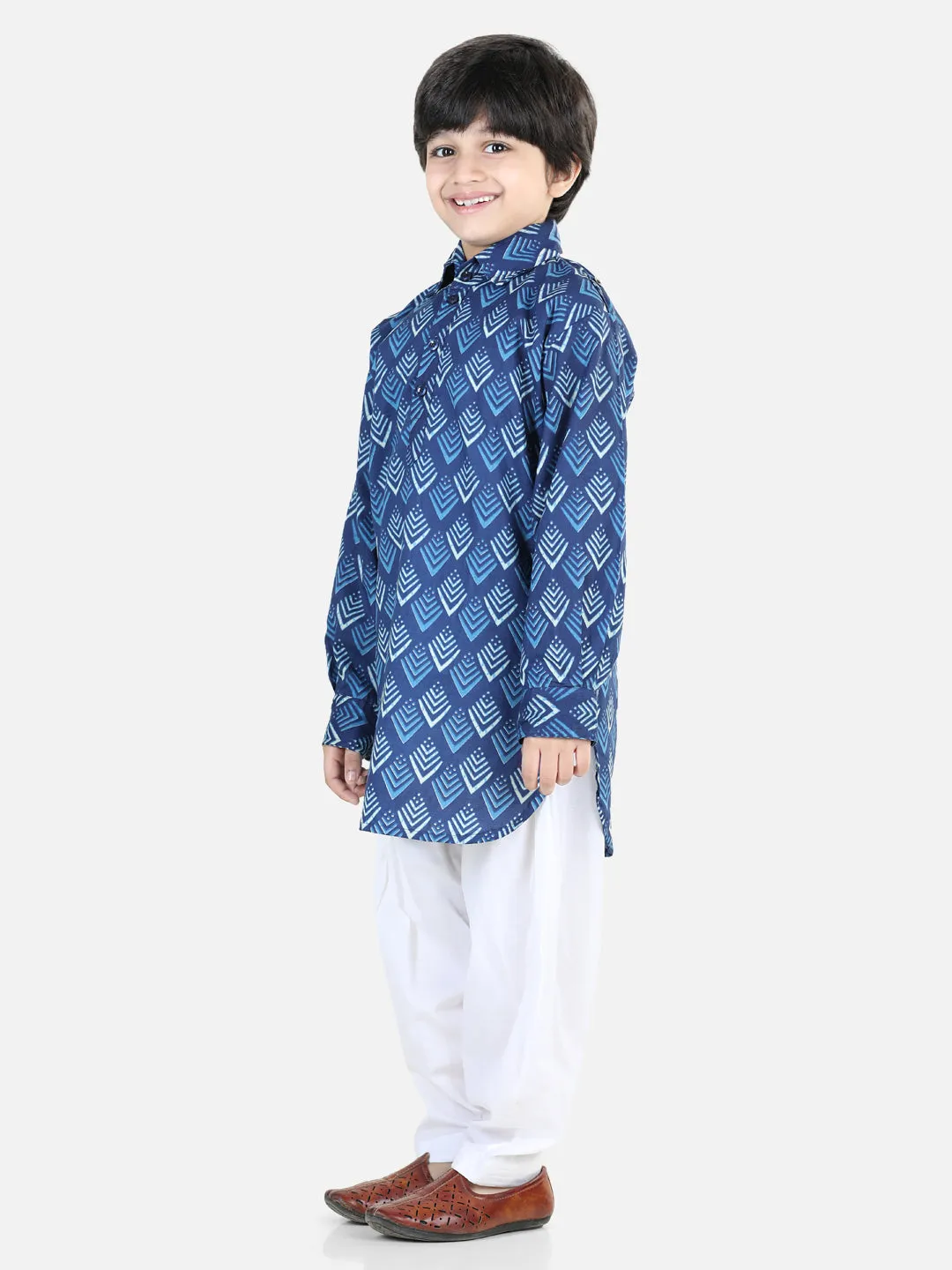 Printed Cotton Full Sleeve Pathani Salwar Set for Boys- Blue