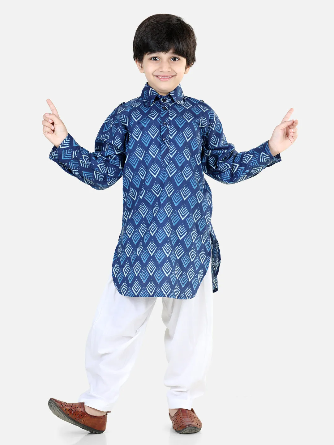 Printed Cotton Full Sleeve Pathani Salwar Set for Boys- Blue