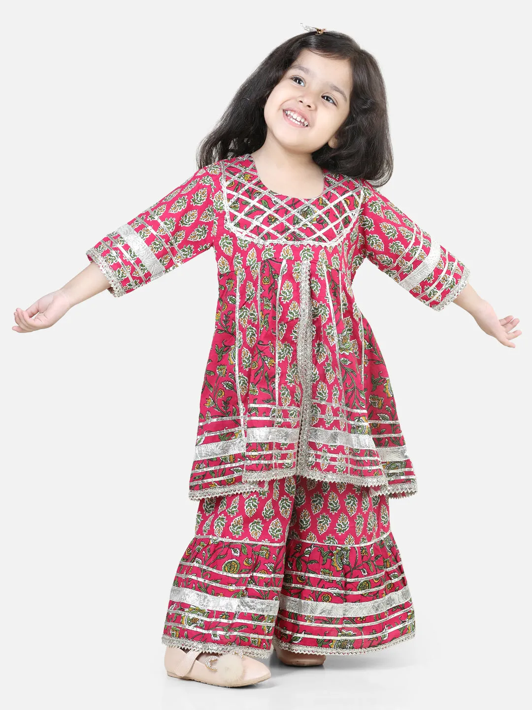 Pure Cotton Printed Kurta Sharara with Dupatta for Girls- Pink