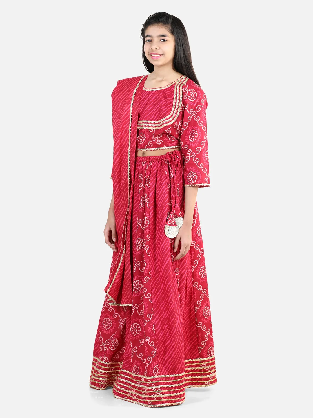 Pure Cotton Printed Lehenga Choli Dupatta Set for Girls- Pink