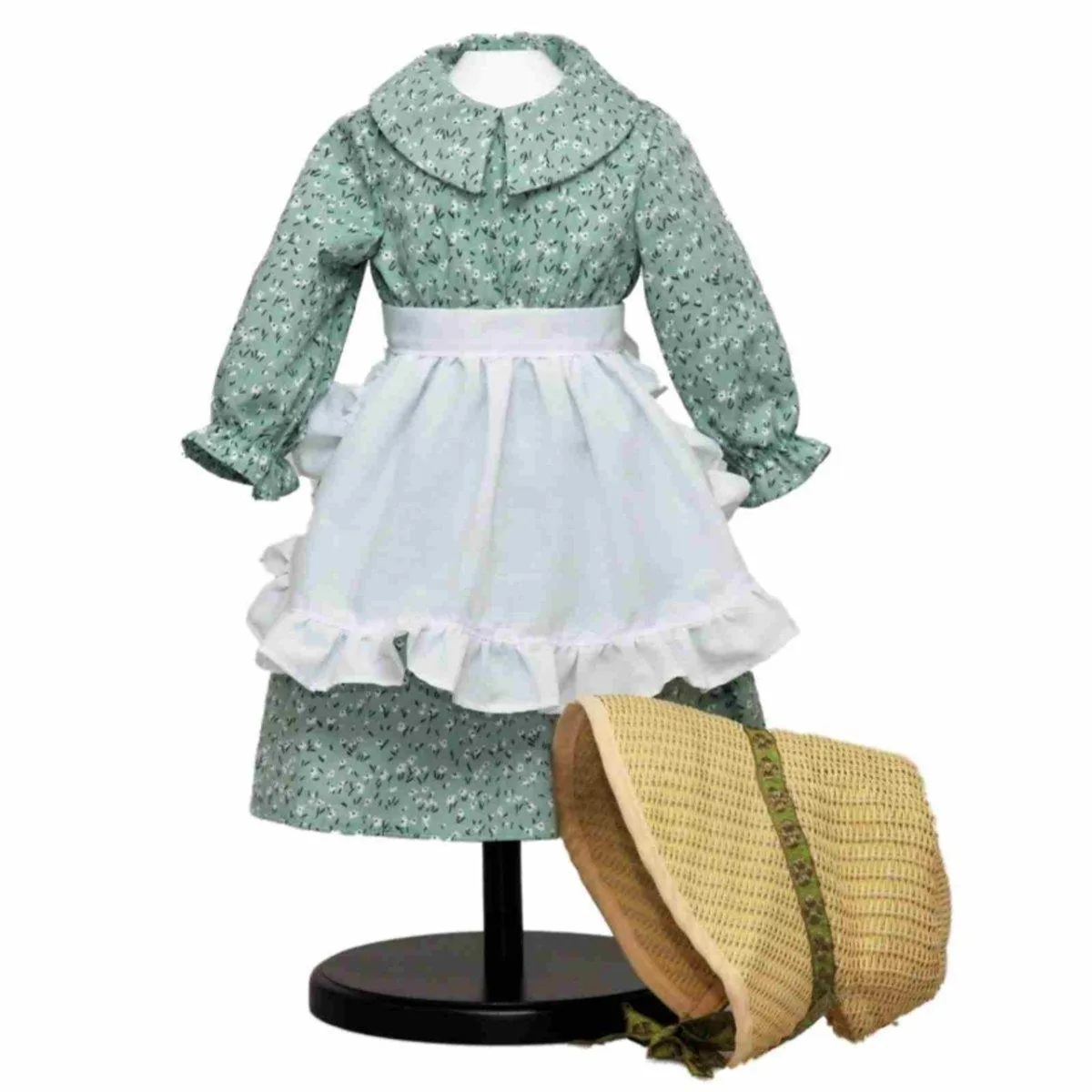 Queen's Treasures Green Calico Prairie Dress, Apron, and Bonnet, Clothes for 18 Inch Dolls