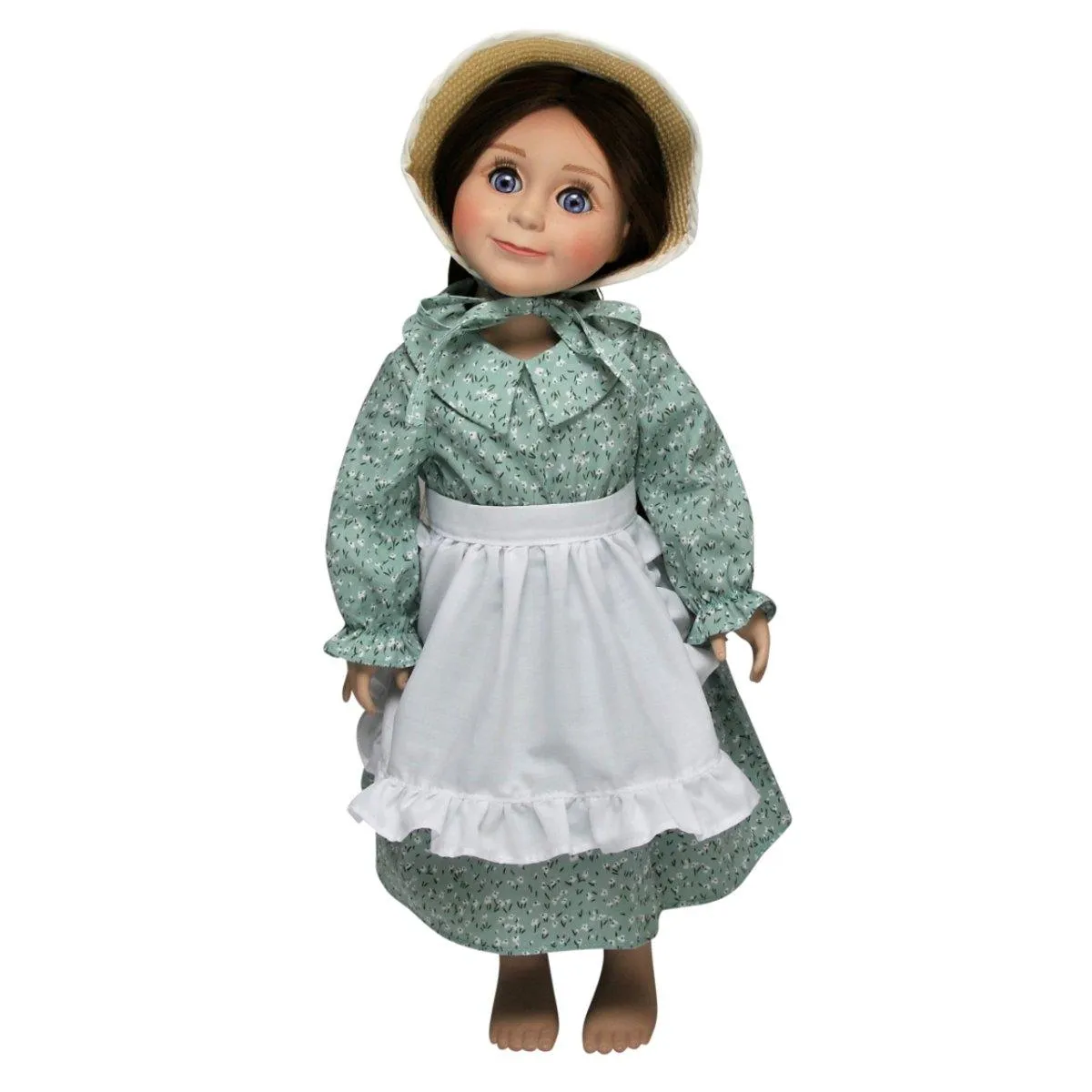 Queen's Treasures Green Calico Prairie Dress, Apron, and Bonnet, Clothes for 18 Inch Dolls