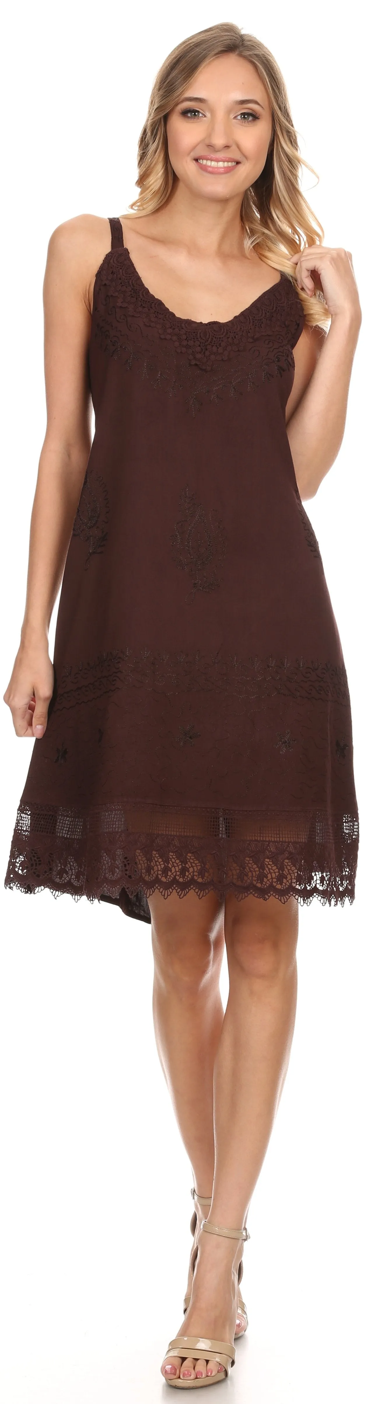 Sakkas Ameelynn Short Embroidered Batik Festival Sleeveless Spaghetti Strap Dress