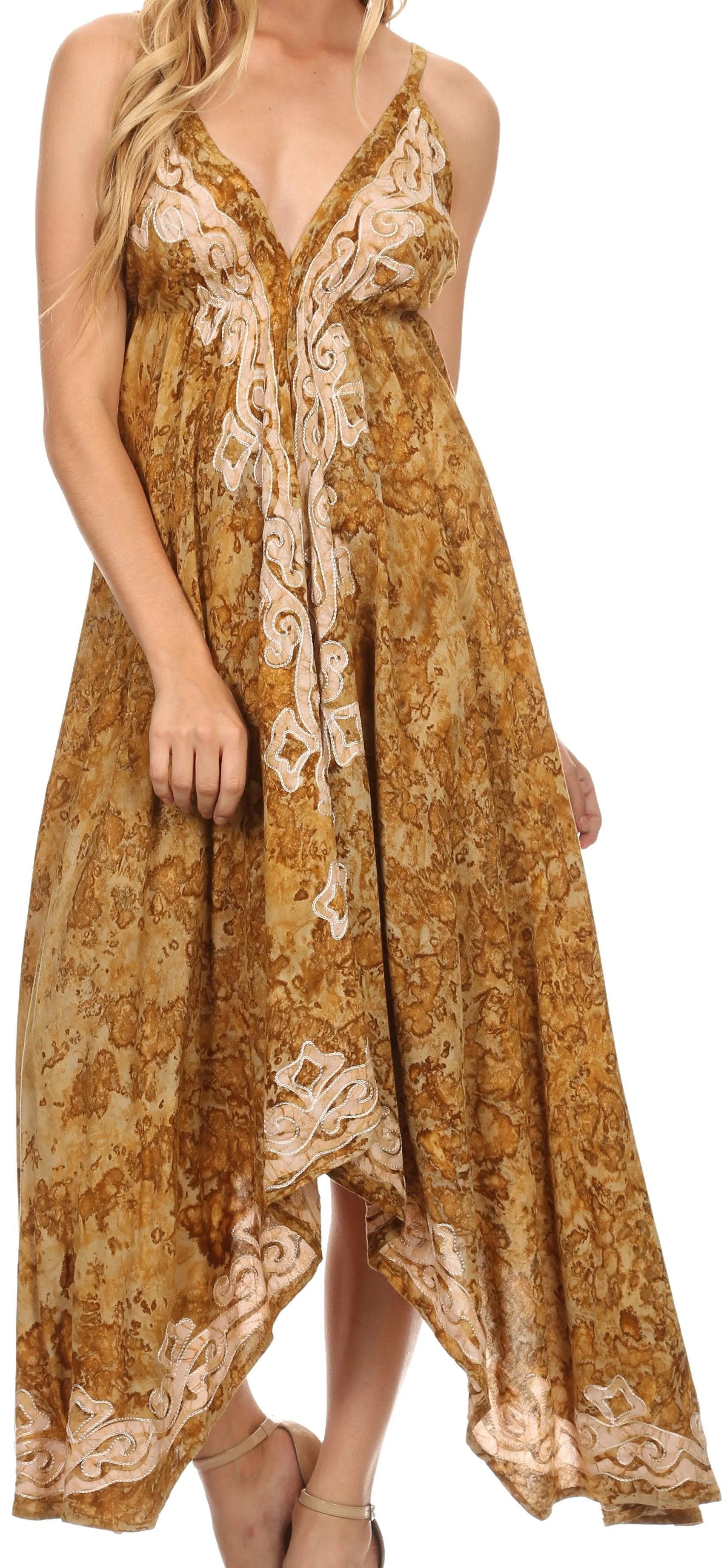 Sakkas Neyva Long Handkerchief Hem Embroidered Dyed Spaghetti Strap Batik Dress