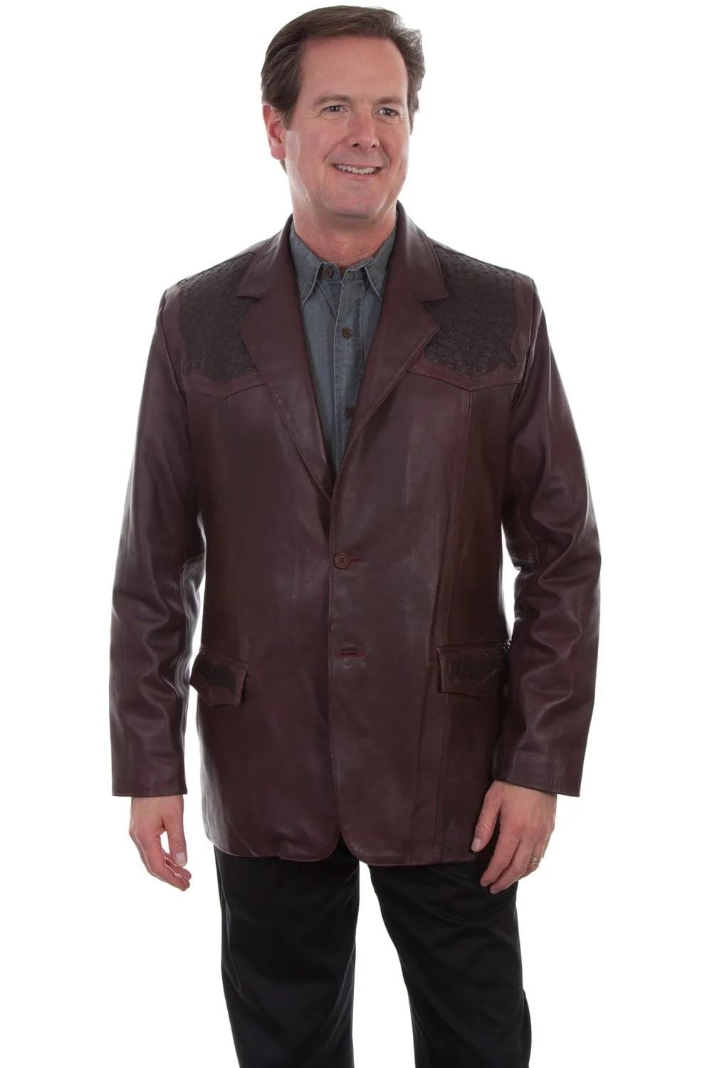 Scully Leather Mens Black Cherry Lambskin Ostrich Trim Western Blazer