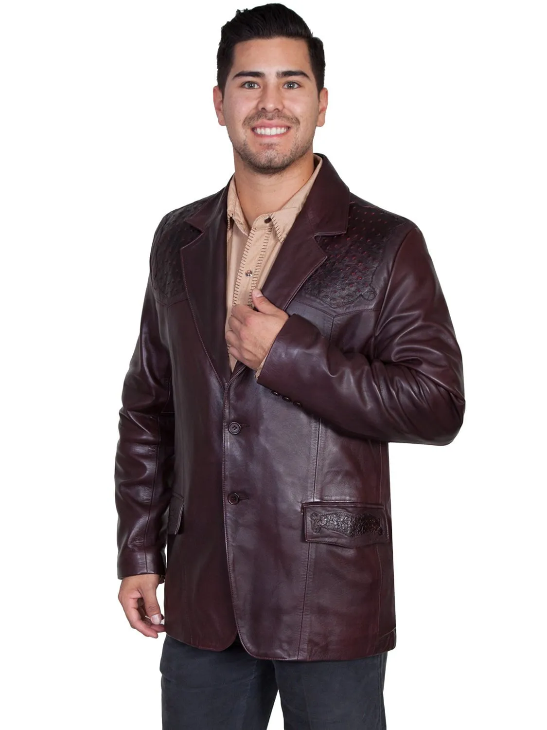 Scully Leather Mens Black Cherry Lambskin Ostrich Trim Western Blazer